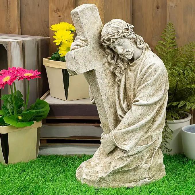 Joseph's Studio by Roman, Jesus Holding a Cross Garden Statue, Religious Outdoor Decor by GreenHaven Gardens