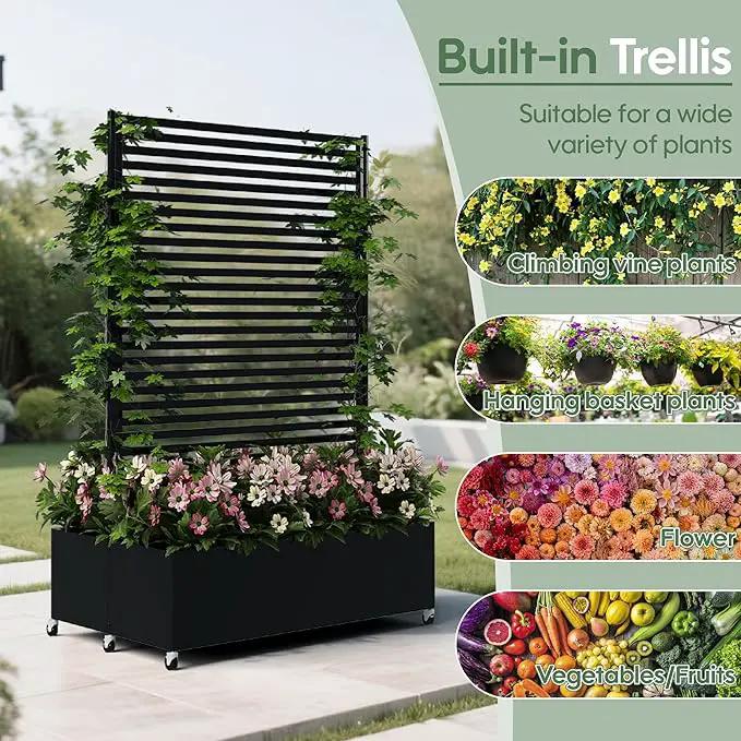 Double Metal Planter Box with Trellis Privacy Screen, Raised Garden Bed with Trellis & Wheels, Planter Box Outdoor with Drainage Holes for Climbing Plants, Vegetable, Vines,73"x 47"x 30", Black by GreenHaven Gardens