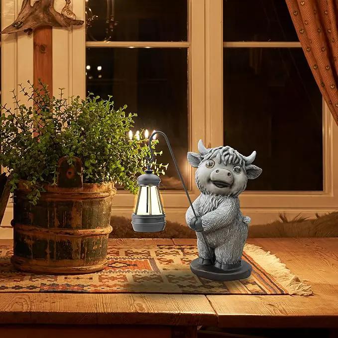 Highland Cow Statues with Solar Lights, Highland Cow Resin Figurine Lights, Highland Cow Ornaments for Patio, Balcony, Indoor Decoration and as Gifts by GreenHaven Gardens