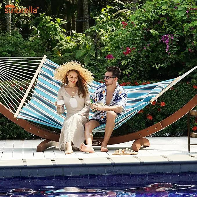 Lazy Daze 12 FT Sunbrella Fabric Hammock not Fading with Spreader Bars and Free Pillow Fits for Two Persons, All Weather and Fade Resistant for Patio Yard, 450 lbs Weight Capacity, Token Surfside by GreenHaven Gardens