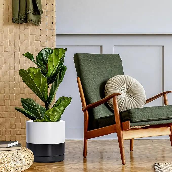 D'vine Dev 10 Inch Ceramic Planter Pot with Drainage Hole and Saucer, Indoor Cylinder Round Planter Pot, Layered Monochrome Black & White, 94-O-E-L by GreenHaven Gardens