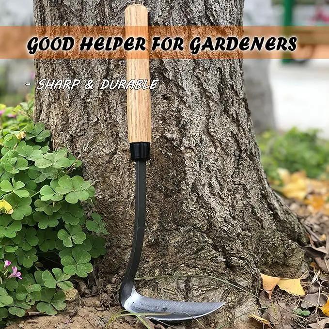 SHANFEEK Japanese Weeding Sickle Hoe Gardening Tools 13-Inch Weed Remover Tool High-Carbon Steel One-Piece Molding with Hard Solid Wood Handle(Snake-Necked) by GreenHaven Gardens