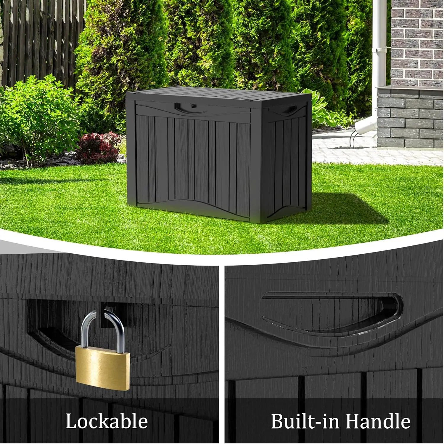 50 Gallon Plus Resin Deck Box, Waterproof Outdoor Storage Bin for Patio, Poolside, and Garden, Lockable & UV-Resistant, Ideal for Small Spaces, Black by GreenHaven Gardens