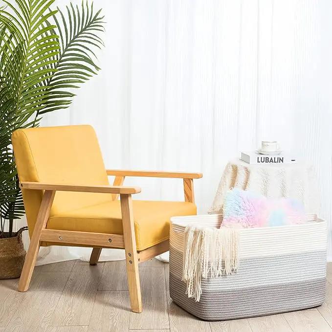 MINTWOOD Design 22in Extra Large Blanket Basket Holder Living Room, Rectangle Rope Woven Storage Basket with Handles for Laundry, Pool Towels, and Shoes, Dog Toy Organizer Bin Box, 3-Tone Light Gray by GreenHaven Gardens