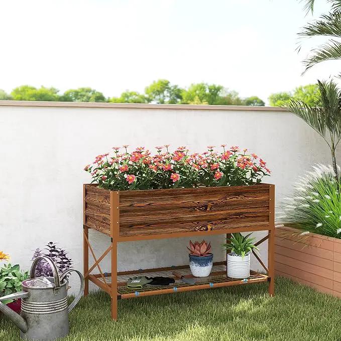 Outsunny Raised Garden Bed with Galvanized Steel Frame, Storage Shelf and Bed Liner, Elevated Planter Box with Legs for Vegetables, Flowers, Herbs, Dark Brown by GreenHaven Gardens