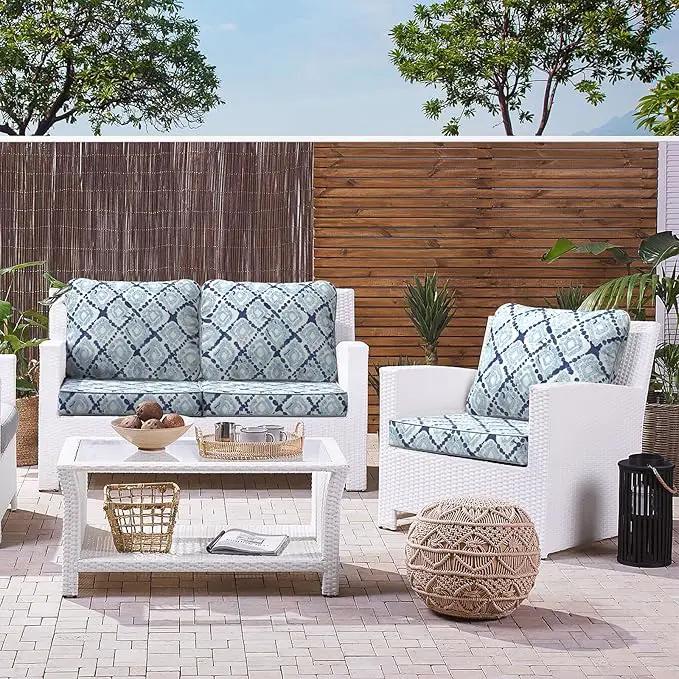 LVTXIII Outdoor Deep Seat Cushion Patio Seat and Back Cushion Set Seasonal Chair Cushion with Removable Cover and Adjustable Buckle for Home and Garden, 24"x24"x4", Boho Geometry Blue by GreenHaven Gardens