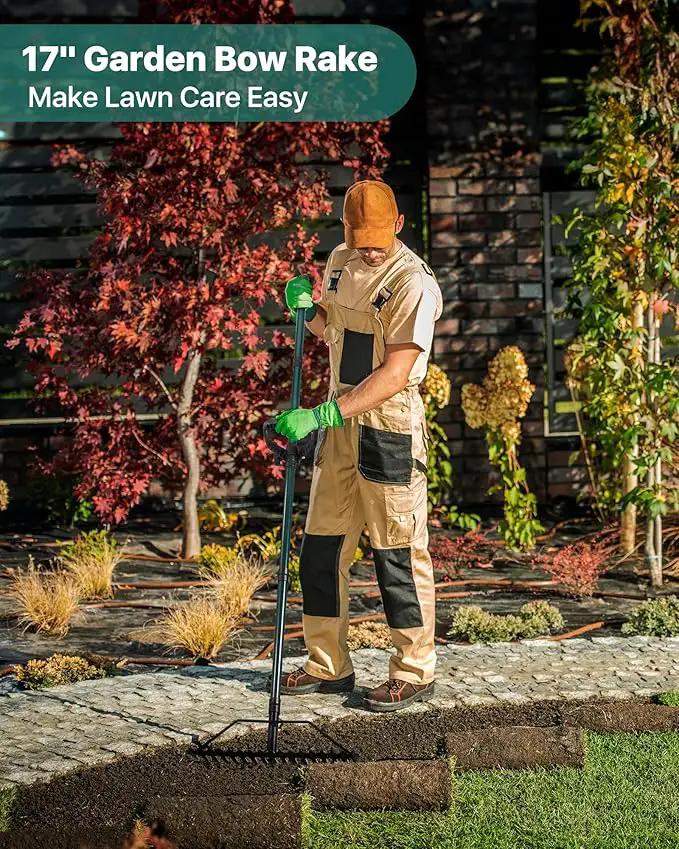 Garden Rake, 17'' Thatch Rake Heavy Duty with 63'' Long Back-Saving Adjustable Handle, Heavy Duty Metal Garden Tool for Loosening Leveling Soil, Gathering Leaves Grass, Weeding by GreenHaven Gardens