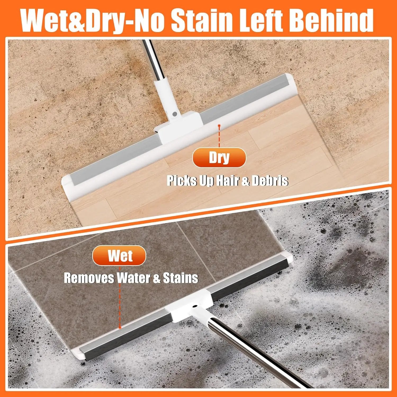 Floor Squeegee with 65" Long Handle, 180° Rotating Silicone Head, Pet Hair & Water Remover, Squeegee Broom for Shower, Tile, Garage, Concrete & Pool Cleaning by GreenHaven Gardens