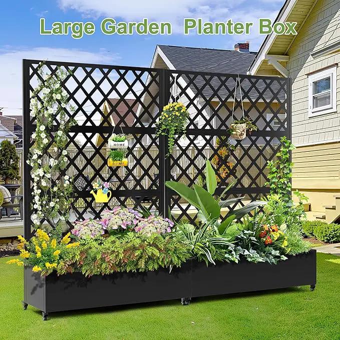 Metal Planter Trellis Box with Wheels & Drain Plug Outdoor Raised Garden Bed Patio Privacy Screen with Planter for Climbing Plants, Vegetables 73"x47"x16" Black-Diamond by GreenHaven Gardens