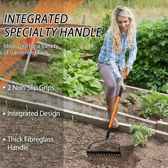 Garden Rake - 14 Tine Heavy Duty Rake with 58 Inch Fiberglass Handle by GreenHaven Gardens