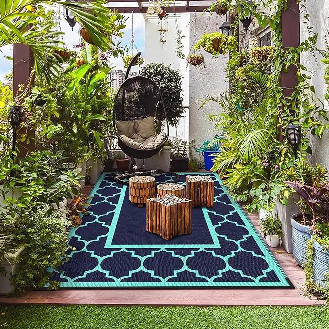 GENIMO 8 ' x 10 ' Outdoor Rug for Patio, Waterproof Indoor Outdoor Plastic Straw Rugs Carpet, Reversible Outside Area Mat for Camping, Balcony Porch, Deck, Picnic, Beach Navy Blue & Jade Green by GreenHaven Gardens