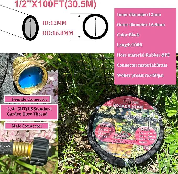 Rubber Soaker Hose, 1/2 inch, 100ft Garden Hose for Irrigation,Water-Saving up to 70%, Brass Connector Leak-Proof, Heavy-duty Hose, Watering for Trees,Lawns, Vegetables and Flowers. by GreenHaven Gardens