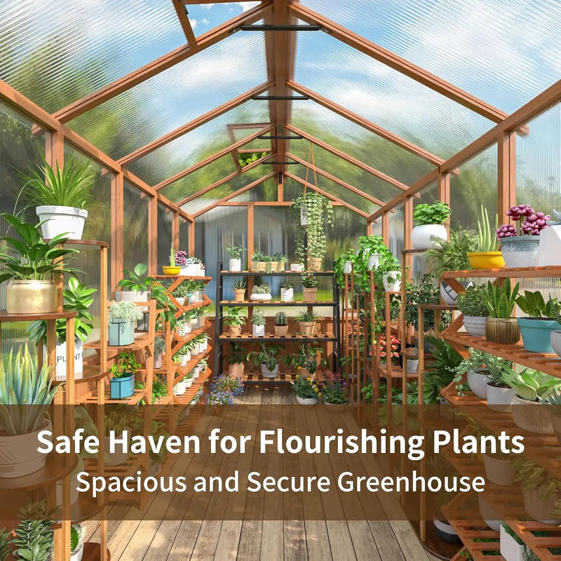 6x12 FT Wooden Greenhouse for Outdoors, Walk-in Greenhouse with 6MM Thick Polycarbonate Panel and Adjustable Roof Vents, Garden Backyard, Wood Colour by GreenHaven Gardens