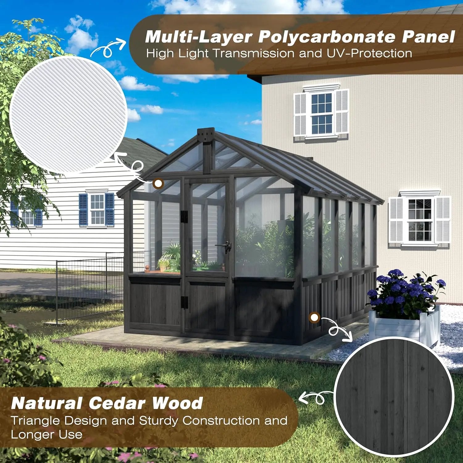 MUPATER 6 x 10 FT Wooden Polycarbonate Greenhouse with Ventilated Window & Lockable Door, Multi-Layer PC Panels for UV Protection, Walk-in Greenhouse Kit for Outdoor, Garden and Backyard, Black by GreenHaven Gardens