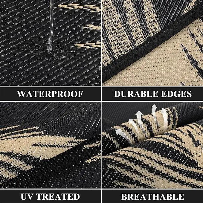 Pauwer Waterproof Outdoor Rug 6x9, Reversible Plastic Straw Patio Camping Rug, Indoor Outdoor RV Mat Carpet for Deck, Camper, Porch, Balcony, Backyard, Picnic, Leaf Black Brown by GreenHaven Gardens