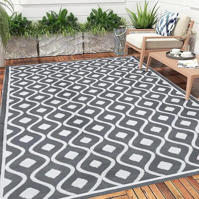 Pauwer Waterproof Outdoor Rug 8x10, Reversible Plastic Straw Patio Camping Rug, Indoor Outdoor RV Mat Carpet for Deck, Camper, Porch, Balcony, Backyard, Picnic, Geometric Grey by GreenHaven Gardens