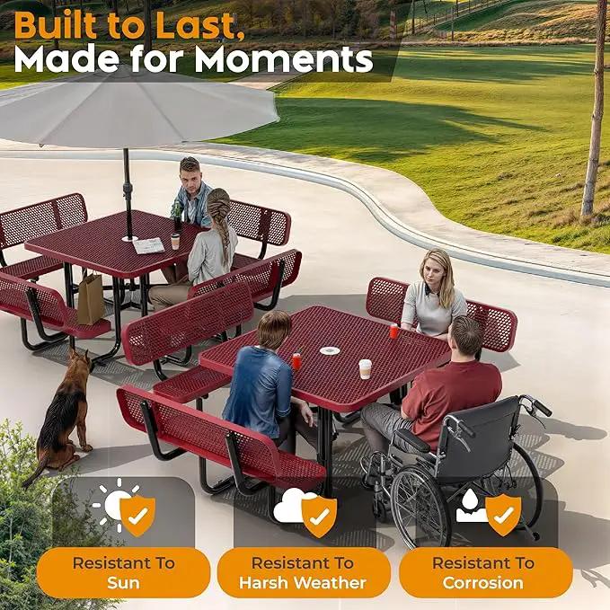 Metal Picnic Tables for Outdoors with Umbrella Hole - Coated Steel Heavy Duty Commercial Grade Table with Adjustable Seats (Red, 46 in, Square with Back, Expanded Steel) by GreenHaven Gardens
