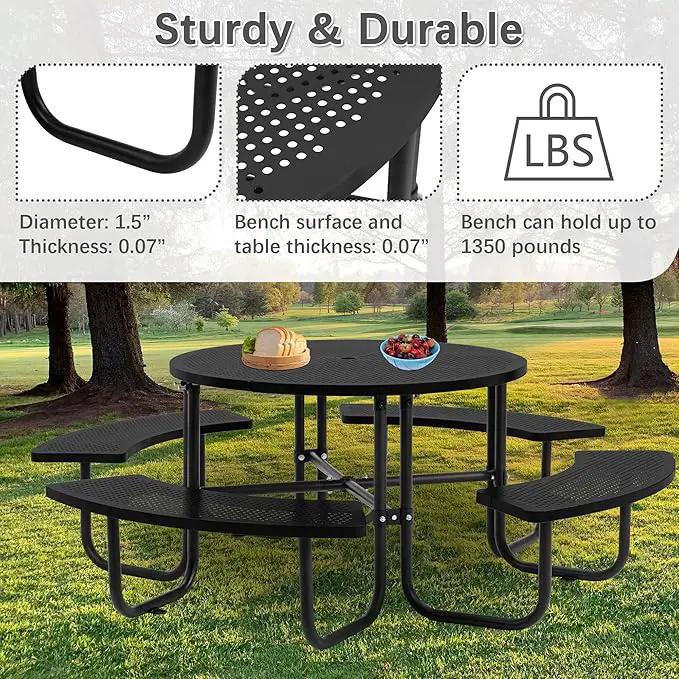 46'' Steel Round Picnic Table for Outdoors, Expanded, Lifetime Picnic Table with Umbrella Hole, Heavy Duty Sturdy Commercial Picnic Tables for Garden Courtyard BBQ, Black by GreenHaven Gardens