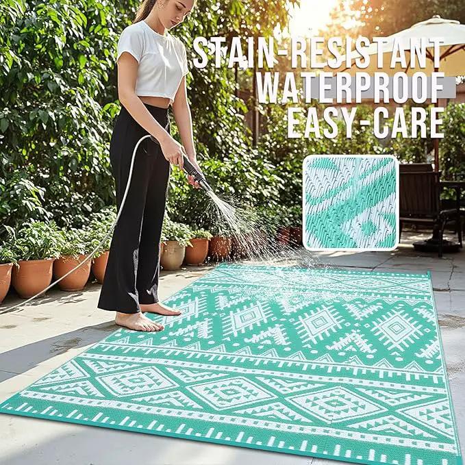 OLANLY Outdoor Rug Waterproof 9x12 ft, Reversible Outdoor Plastic Straw Rug, Boho Patio Rug, Indoor Outdoor Carpet, RV Mat Outside for Patio, Camp, Picnic, Balcony, Deck, Backyard, Turquoise & White by GreenHaven Gardens
