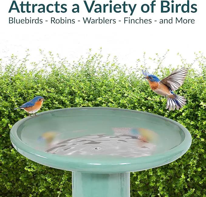 Sunnydaze 21" H Ceramic Bird Bath for Outside - Hand-Painted Outdoor Bird Bath Bowl, UV/Frost-Resistant Finish - Seafoam - Cut Out Pedestal by GreenHaven Gardens