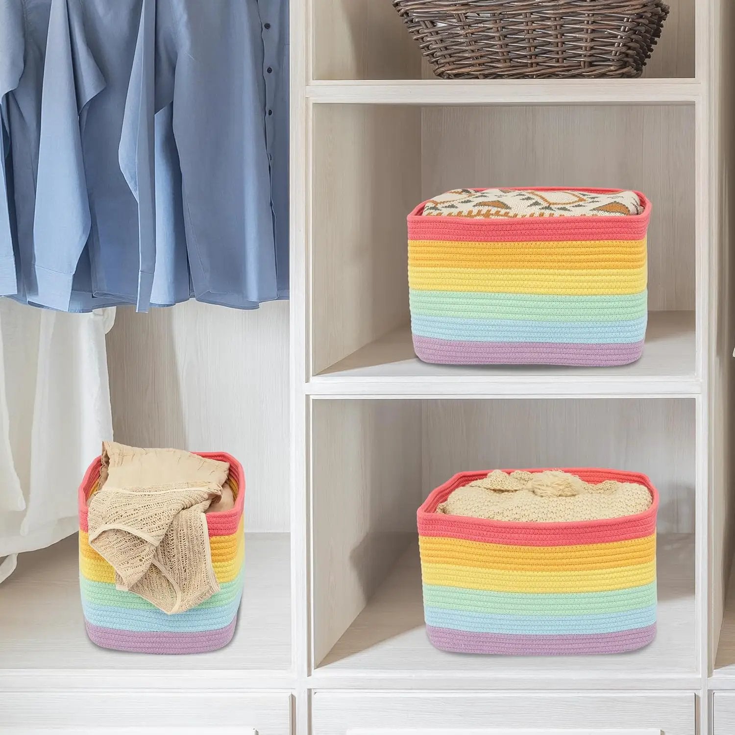 3-Pack Rainbow Storage Baskets 14.5X9.5X9.3“ – Woven Toy Organizer Bins for Kids, Baby Room, Nursery, and Classroom – Cute Square Rope Baskets for Shelves and Organization Rainbow by GreenHaven Gardens