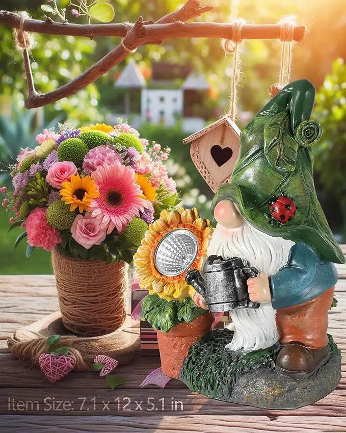 Solar-Powered Garden Gnome Watering Can Sunflower - 12 in Garden Decor Gnomes Decorations for Yard Lawn Ornaments Outside Statue Figurine LED Lights (Gnome) by GreenHaven Gardens
