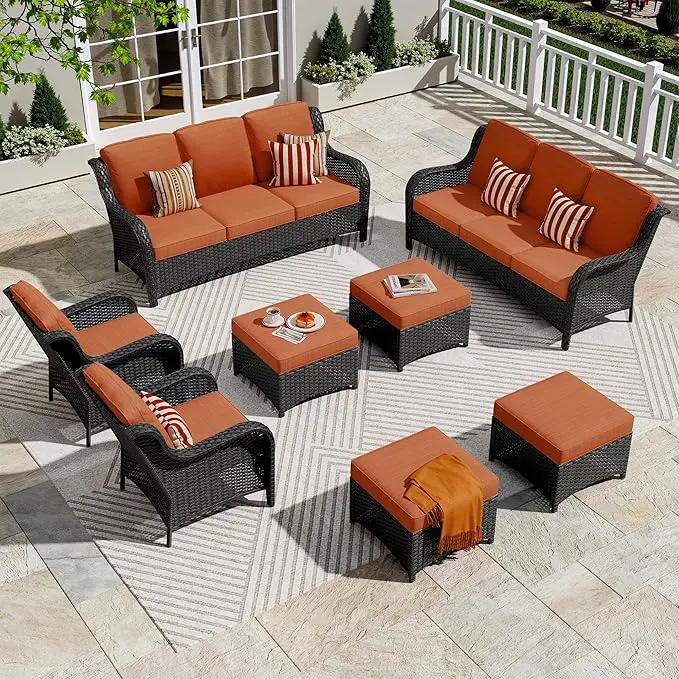 ovios 8 Pieces Patio Furniture Set, Outdoor Wicker Sofas with 2 Chairs, 4 Ottomans and Comfy Cushions, All Weather High Back Couch Set for Deck Porch, Brown Rattan, Orange Red by GreenHaven Gardens