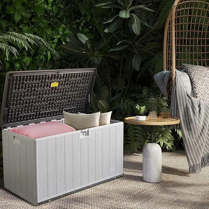 110 Gallon Pro Outdoor Storage Box, Waterproof Resin Deck Box for Patio, Pool, and Garden, Lockable Bin for Cushions, Tools, and Accessories, UV-Resistant, Grayish Brown by GreenHaven Gardens