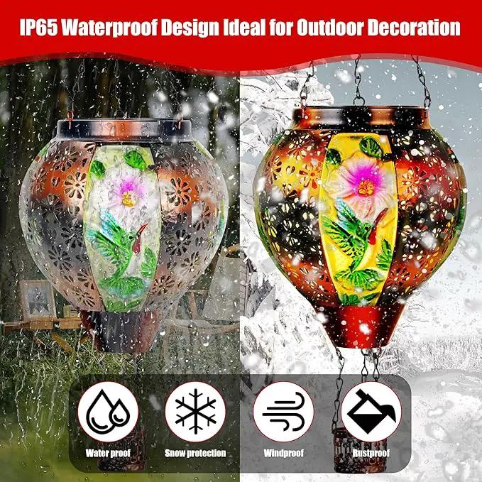 Hummingbird Solar Hot Air Balloon Lantern with Flame, Hot Air Balloon Decorations for Garden Yard Porch Decor, Glass Large Hanging Outdoor Decor, Solar Lantern Waterproof, Hummingbird Gardening Gifts by GreenHaven Gardens