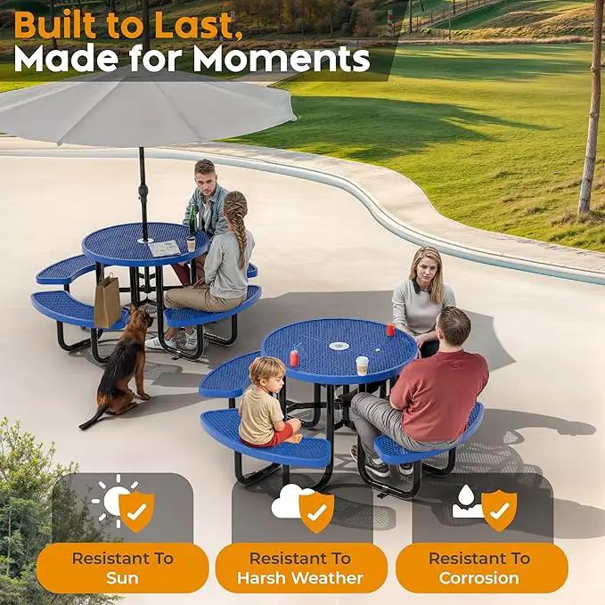 Metal Picnic Tables for Outdoors with Umbrella Hole - Coated Steel Heavy Duty Commercial Grade Table with Adjustable Seats (Blue, 38 in, Round, Expanded Steel) by GreenHaven Gardens