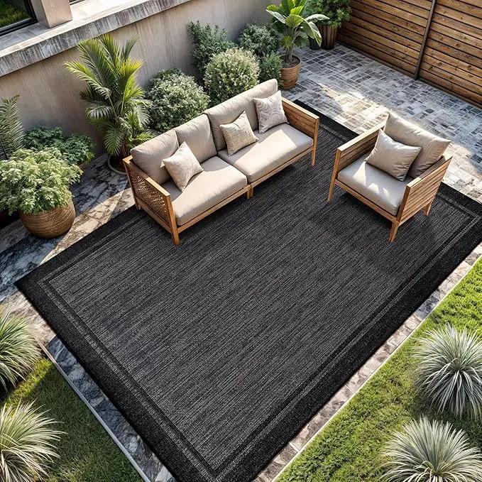 CAMILSON Indoor Outdoor Rug, 8x10 Bordered Dark Gray Black Modern Area Rugs for Indoor and Outdoor Patios, Kitchen and Hallway Mats, Washable Porch Deck Outside Carpet (Bordered Black, 8 x 10) by GreenHaven Gardens