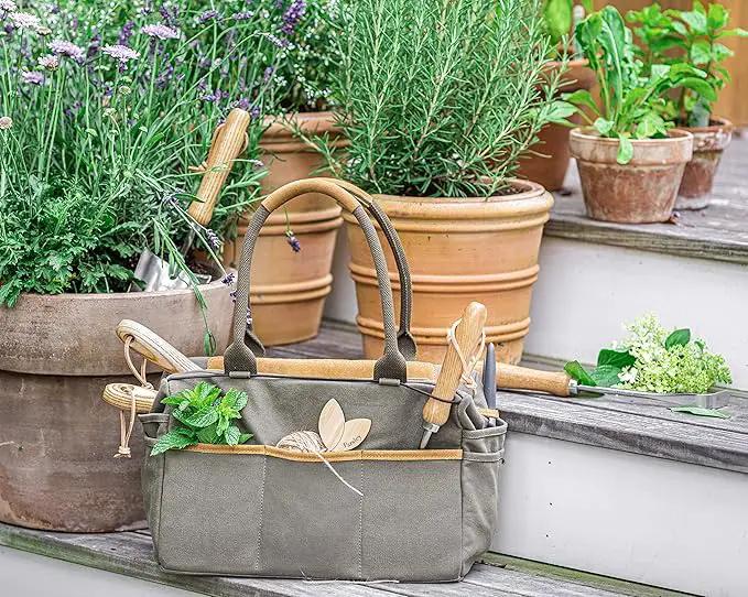 6 Piece Stainless Steel Heavy Duty Garden Tools Set, with Ash Wood Handle and Non-Slip Rubber Grip Pruner, Premium Canvas and Leather Storage Tote Bag, Outdoor Hand Tools, Garden Gift by GreenHaven Gardens