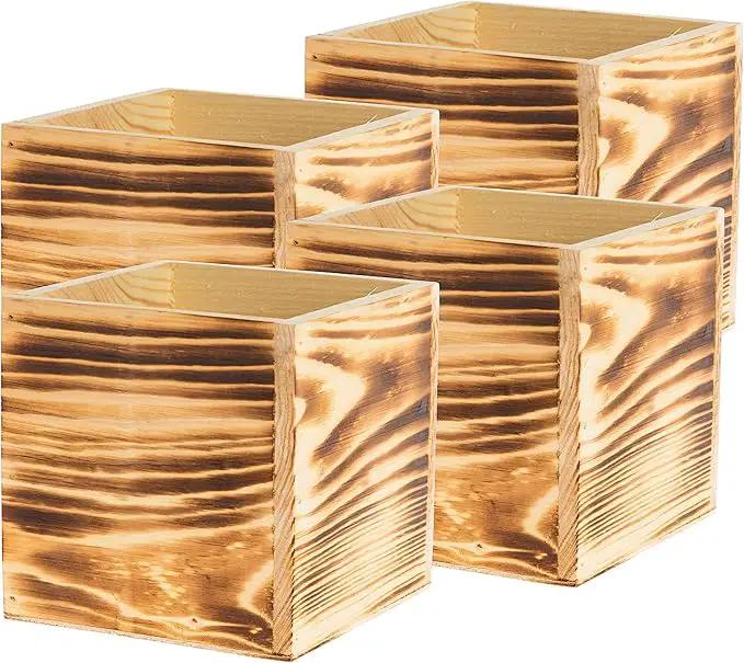 Wooden Planter Box, Rustic Burned Wood/Whitewash with Plastic Liner l Garden Decor l Restaurant and Wedding Decorations l Wood Box (5x5 Set of 4, Burned Wood) by GreenHaven Gardens