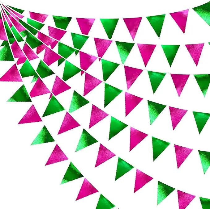 Pink and Green Party Decorations Metallic Hot Pink Light Green Fabric Triangle Pennant Banner Flag Bunting Garland for Witches Theme Birthday Wedding Baby Shower Engagement Bachelorette Party Supplies by GreenHaven Gardens