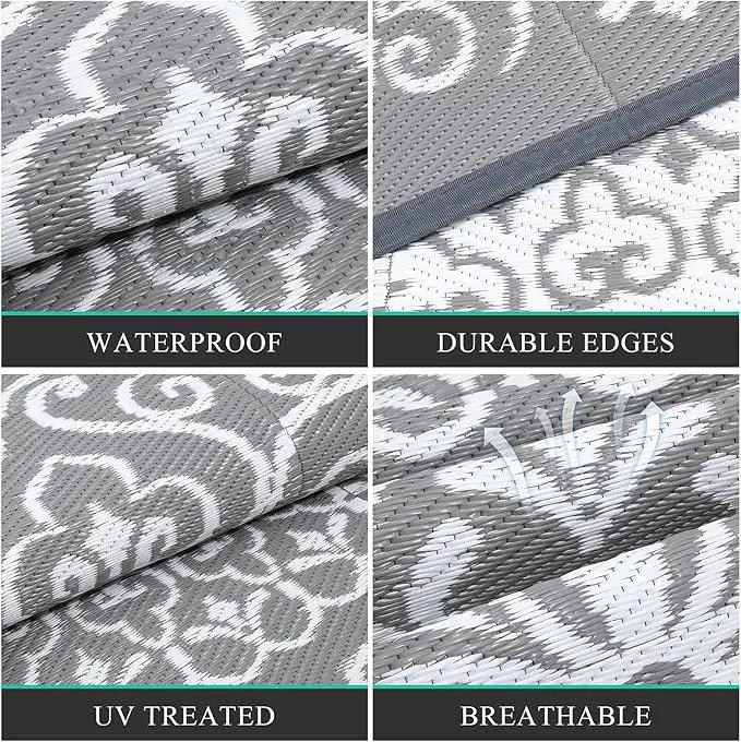 Pauwer Waterproof Outdoor Rug 8x10, Reversible Plastic Straw Patio Camping Rug, Indoor Outdoor RV Mat Carpet for Deck, Camper, Porch, Balcony, Backyard, Picnic, Floral Grey by GreenHaven Gardens