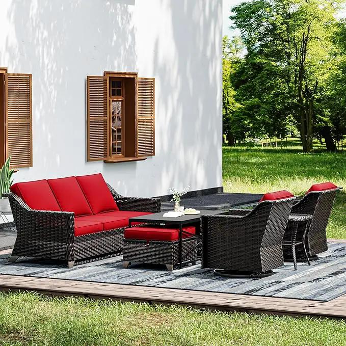 Joyside Wicker Patio Furniture Sets, 7 Pieces Upgraded Large Size Outdoor Furniture with Swivel Rocking Patio Chairs, 3-Seat Sofa, Outdoor Ottoman and Coffee Table, Thick Cushions, Wide Armrest by GreenHaven Gardens