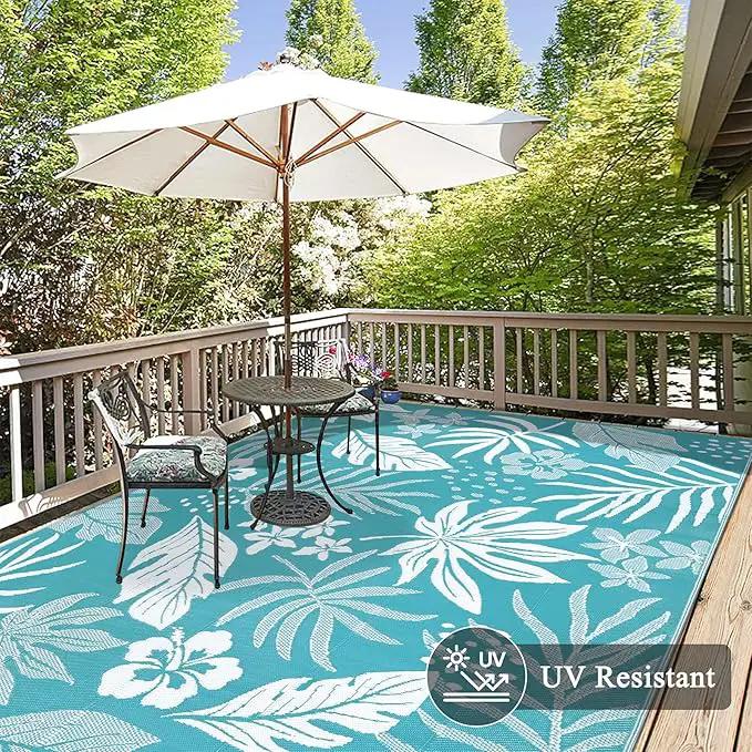 Pauwer Waterproof Outdoor Rug 8x10, Reversible Plastic Straw Patio Camping Rug, Indoor Outdoor RV Mat Carpet for Deck, Camper, Porch, Balcony, Backyard, Picnic, Floral Teal by GreenHaven Gardens