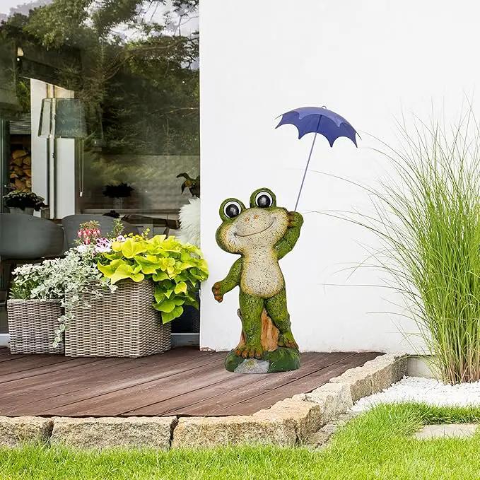 Alpine Corporation QWR1002 Indoor/Outdoor Smiling Frog with Purple Umbrella Garden Statue, Playful Frog Statue, 27" H, Green by GreenHaven Gardens
