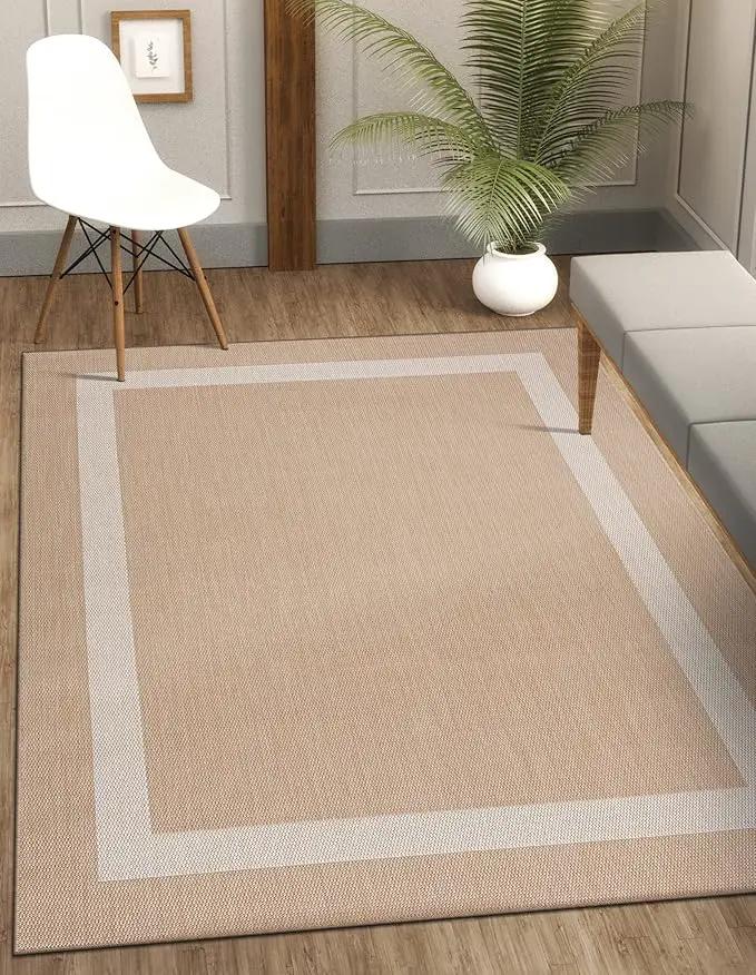 CAMILSON Outdoor Rug 9x12, Large Modern Outside Rugs for Patios Porches Waterproof Durable Washable Non-Shedding, Easy-to-Clean Indoor Outdoor Area Carpet (9 x 12, Bordered - Beige/White) by GreenHaven Gardens