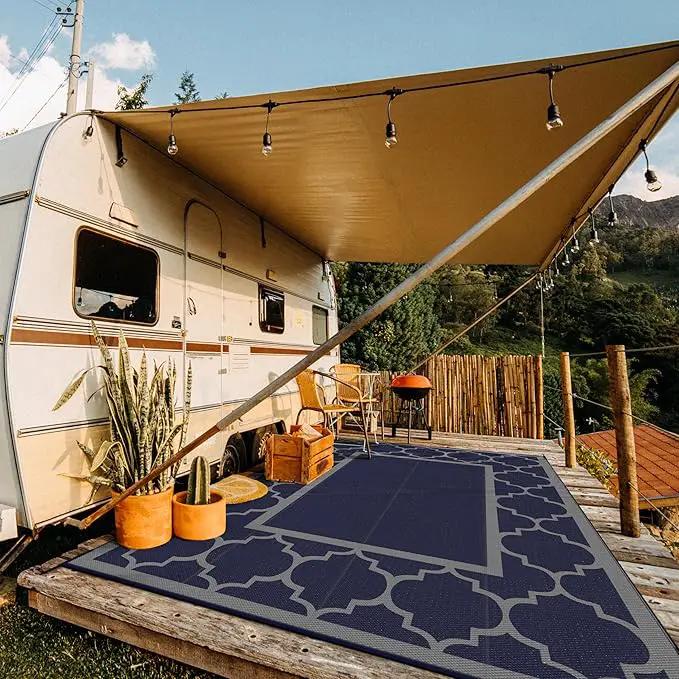 GENIMO 10 ' x 14 ' Outdoor Rug Waterproof for Patio Decor, Foldable Reversible Plastic Straw Area Rugs Mat for Camper, Outside Carpet for Rv, Deck, Porch, Picnic, Beach, Balcony, Blue & Grey by GreenHaven Gardens