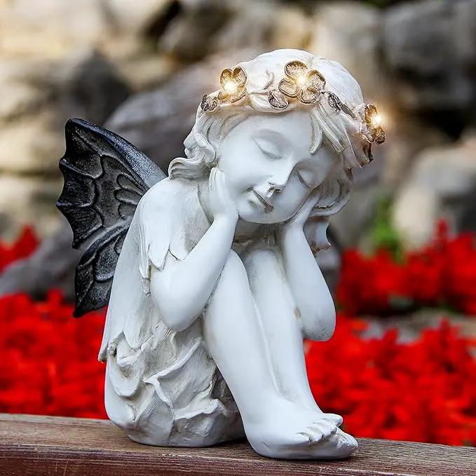 Leekung Ivory White Resin Sculpture, Angel Figurine with Solar Powered Lights for Outdoor Decor, Garden Decorations & Memorial Gifts by GreenHaven Gardens