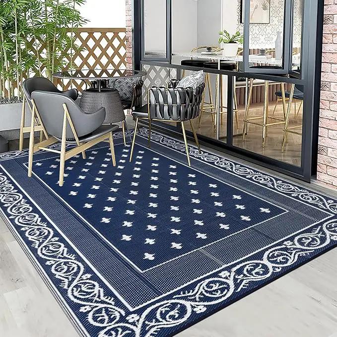 Pauwer Waterproof Outdoor Rug 6x9, Reversible Plastic Straw Patio Camping Rug, Indoor Outdoor RV Mat Carpet for Deck, Camper, Porch, Balcony, Backyard, Picnic, Bordered Navy by GreenHaven Gardens