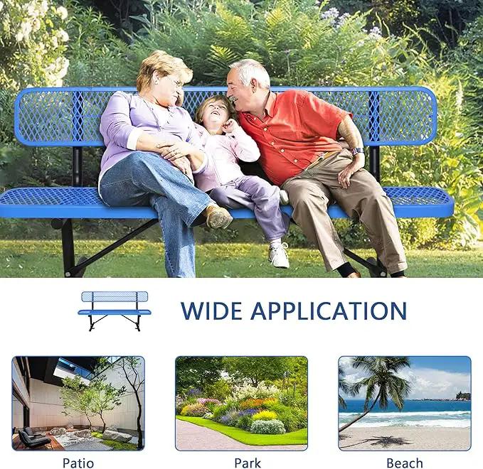 8FT Heavy Duty Park Bench with Back Portable Frame, Outdoor Steel Bench with Backrest, Outdoor Park Bench Expanded Metal Mesh Bench for Lawn, Park, Deck, Garden, Patio, Porch, Black (Blue, 8FT) by GreenHaven Gardens