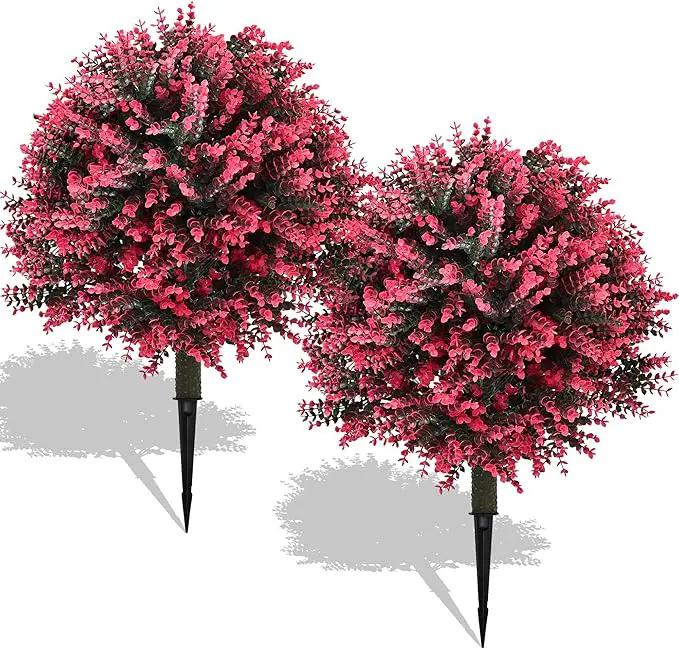 28" Set of 2 Artificial Boxwood Topiary Ball Bush for Outdoor with Ground Spike, UV Resistant Faux Greenery Shrubs, Fake Rose&Green Boxwood Plants for Garden, Yard, Porch, Patio Decor by GreenHaven Gardens