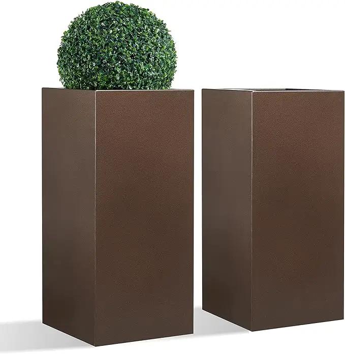 Large Planter for Outdoor Plant 14Lx14Wx30H Inches Metallic Heavy Tall Planter Box for Outdoor & Indoor, Rectangular Flowerpot 25Lbs/PC, Espresso, No Assembly and Seamless, Set of 2 by GreenHaven Gardens