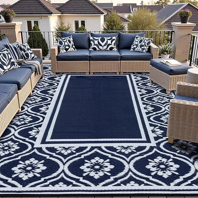 Outdoor Rug 8x10 Patio Camping Carpet Waterproof Mat Blue Outside Plastic Area Rug Reversible Rugs for RV Deck Entryance Porch Picnic Balcony Beach(8x10ft Navy Blue&White) by GreenHaven Gardens