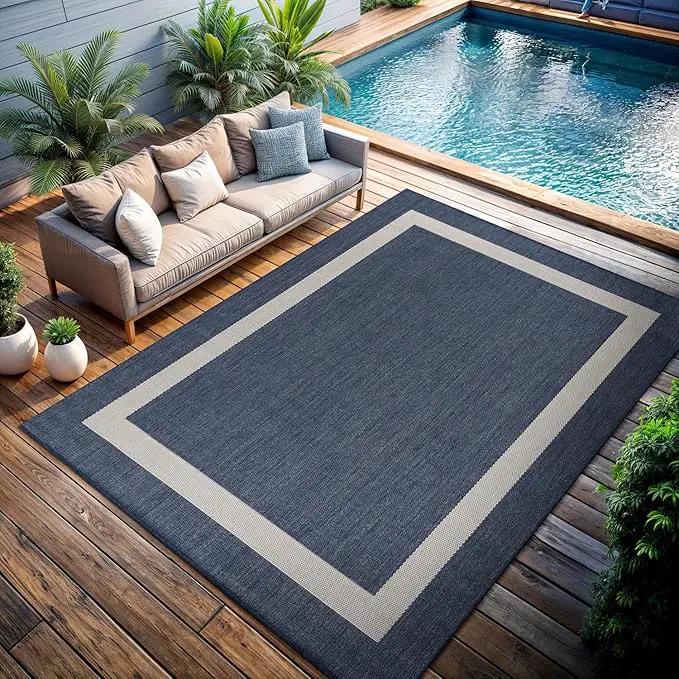 CAMILSON Outdoor Rug 8x10, Modern Outside Rugs for Patios Porches Waterproof Durable Washable Non-Shedding, Easy-to-Clean Indoor Outdoor Area Carpet (8 x 10, Bordered - Blue/White) by GreenHaven Gardens