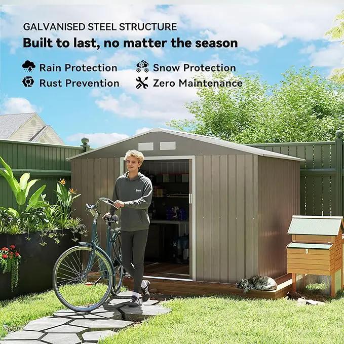 Outsunny 9' x 6' Outdoor Storage Shed, Garden Tool Metal Shed with Foundation Kit, Double Lockable Door, Air Vents and Sloping Roof, for Backyard, Patio, Lawn, Light Brown by GreenHaven Gardens