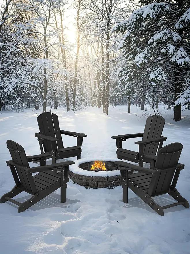 KINGYES Folding Adirondack Chair Set of 8, Dual Cup Holders & All-Weather HDPE, Wood-Like Patio Chair for Backyard, Camping, Pool & Fire Pit, Black by GreenHaven Gardens