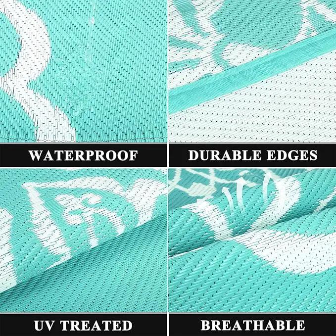 Pauwer Waterproof Outdoor Rug 8x10, Reversible Plastic Straw Patio Camping Rug, Indoor Outdoor RV Mat Carpet for Deck, Camper, Porch, Balcony, Backyard, Picnic, Boho Light Blue by GreenHaven Gardens